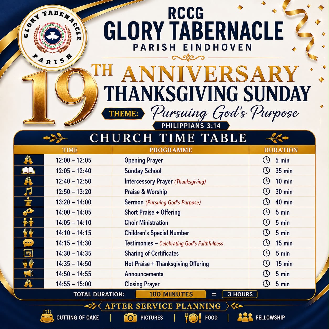 Programme timetable for the 19th Anniversary Thanksgiving Sunday